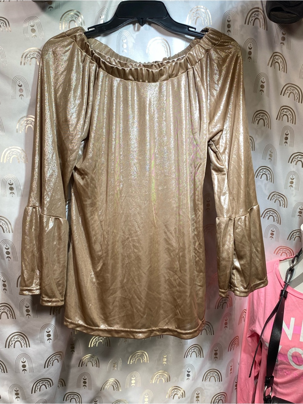 Metallic Gold Off-Shoulder Bell Sleeve Blouse